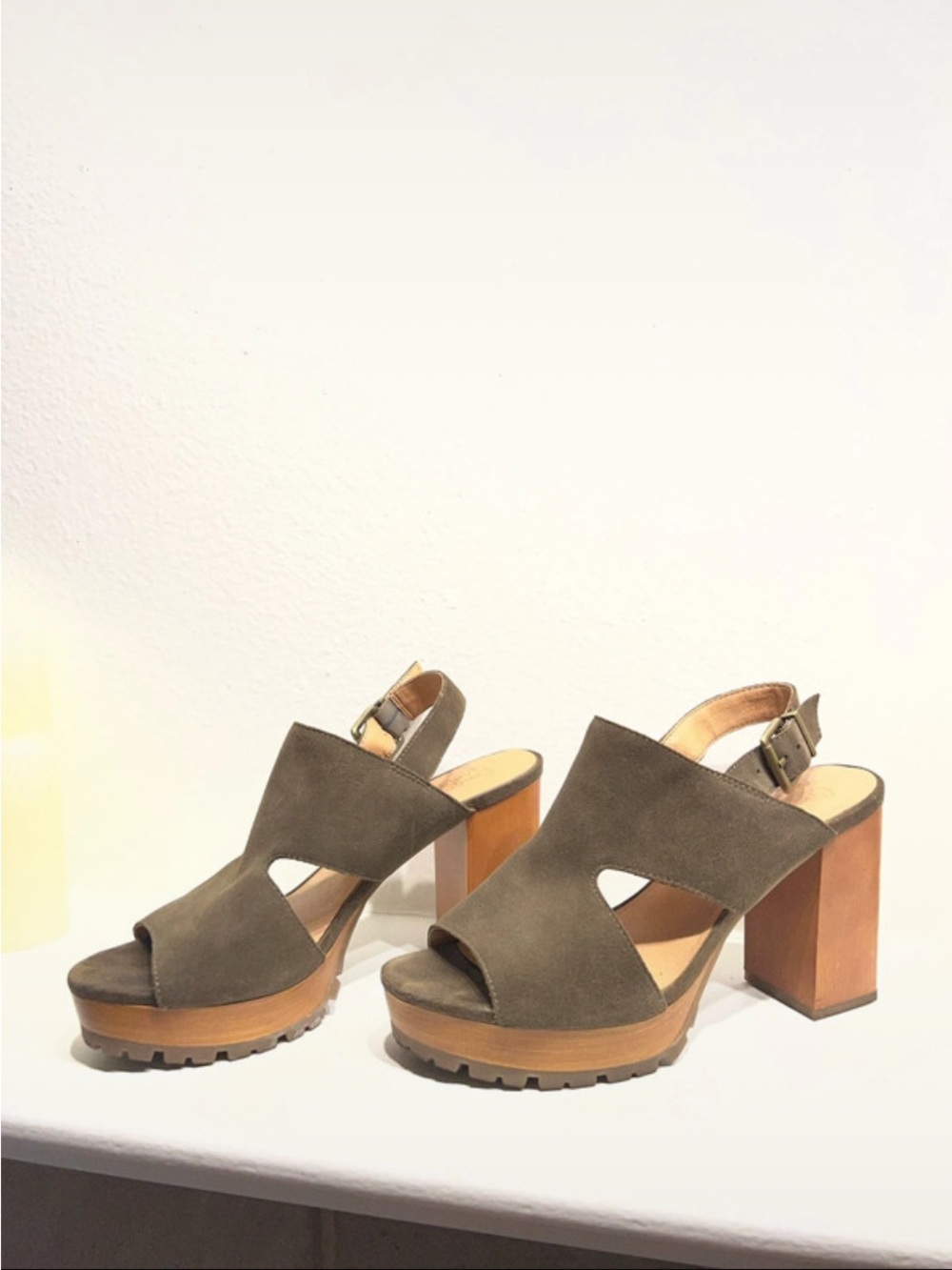 Crown Vintage Olive Suede Platform Slingback Heels